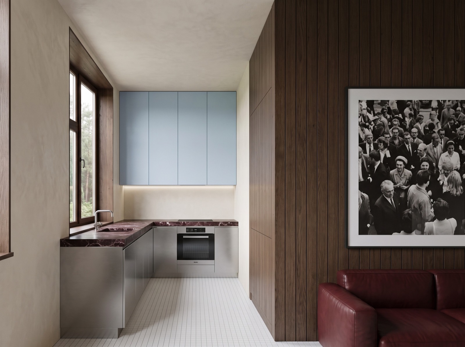 Delivered render: steel kitchen with blue cabinets and red marble